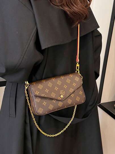 1 pezzo Borsa quadrata piccola con patta di moda retrò per donna, chiusura con cerniera, motivo monogramma, manico in catena metallica e tracolla regolabile e staccabile, in pelle PVC, adatta per lavoro, viaggio, festa, casual, adatta per telefono e portafoglio