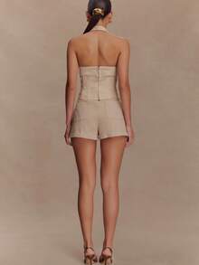 Conjuntos de dos piezas de mezclilla para mujer, color liso, sin mangas, cuello halter, camisetas sin mangas y pantalones cortos. - Blanco - Ver 4