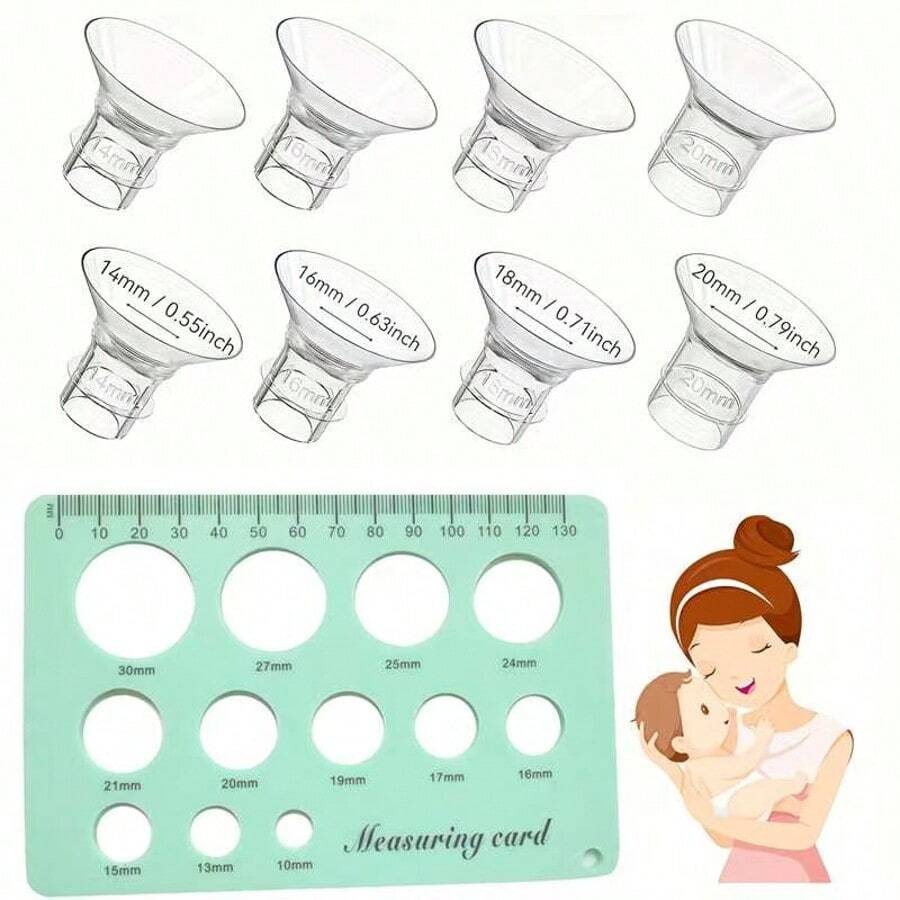 8 delar flänsstorlekskit 14/16/18/20 mm för 24 mm fläns/skydd för de flesta pumpar, silikonflänsinsats för Momcozy/Spectra/Bellababy bröstpumpar, amningsviktigt pumpkit för mammor (med bröstvårtmåttlinjal) - Genomskinlig - Visa 1