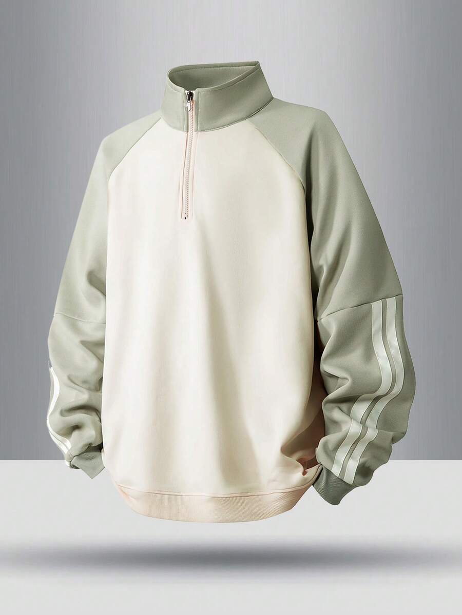 青少年时尚插肩袖半拉链条纹运动衫,秋季 - 杏色 - 查看 1