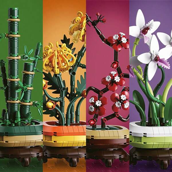 Juego de bloques de construcción de la colección de botánica MOC, Flor de ciruelo/Crisantemo/Orquídea/Bambú de la suerte, Bloques de flores para adultos, Flores artificiales para manualidades de decoración del hogar - Regalo para cumpleaños/Navidad/Halloween/Día de San Valentín/Día de la Madre