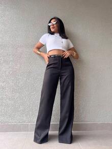JANE FINE 2036 With Belt Palazzo Pants Details Plain Women's Pants Without Elastane Real Pockets - 黑色 - 查看 1