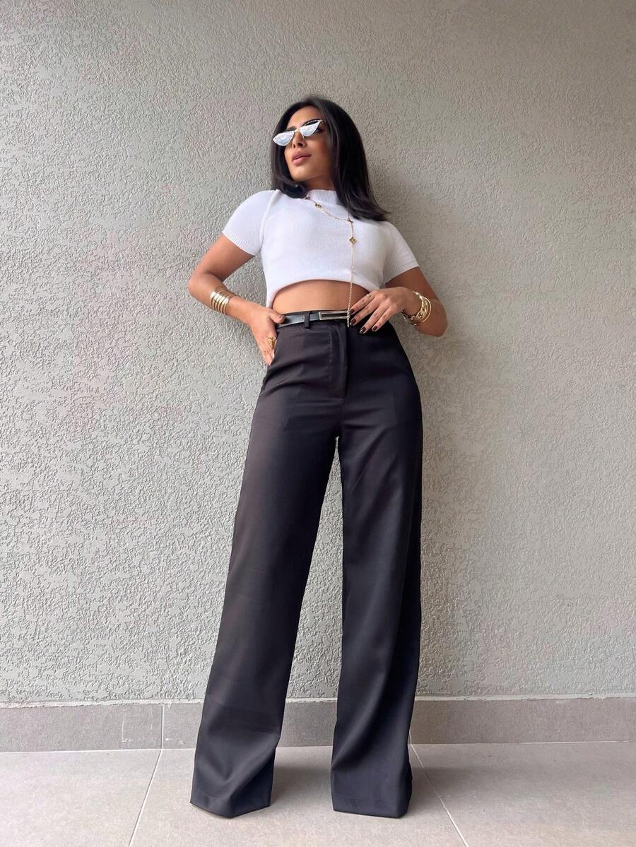 JANE FINE 2036 With Belt Palazzo Pants Details Plain Women's Pants Without Elastane Real Pockets - 黑色 - 查看 1
