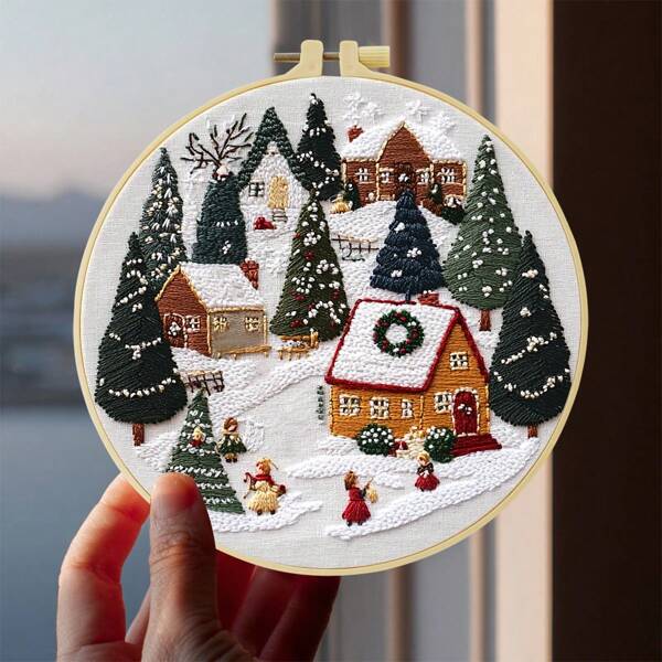 1 pezzo Kit di ricamo, 20x20cm/7.9x7.9 pollici, Villaggio invernale, Kit di ricamo fai-da-te, adatto sia per adulti che per principianti, inclusi manuale utente, tessuto stampato, telaio da ricamo e aghi e fili
