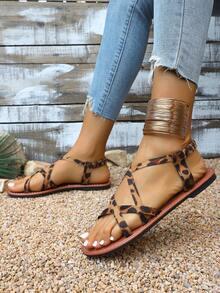 1 双青少年女孩夏季户外时尚平底绒面交叉凉鞋，编织露趾百搭沙滩凉鞋 - 棕色 - 查看 6