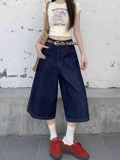 Quần short denim dạo phố cổ điển màu xanh nước biển, mẫu quần short trượt ván mùa hè mới dài 7 inch,