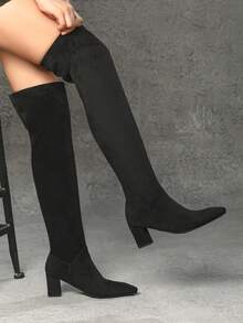 Eleganckie kozaki za kolano, materiał i lakierowana skóra, odzież wierzchnia, gruby obcas, wsuwane, jesień/zima, wysokie obcasy - Czarne - Zobacz 4