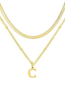 1 件迷你心形吊坠和不锈钢字母项链 - 双层可调节链条项链，26 个字母双层可调节链条珠宝，极简主义奢华，时尚百搭高端优雅简约风格，适合日常休闲、派对、通勤、度假，是送给女性的绝佳礼物