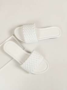 Dép nhựa đế bằng dệt đa năng màu đen thường ngày hở mũi mùa hè 2025 cho nữ - trắng - Xem 3