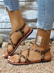 1 双青少年女孩夏季户外时尚平底绒面交叉凉鞋，编织露趾百搭沙滩凉鞋 - 棕色 - 查看 3