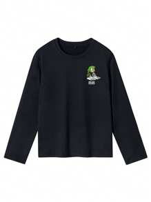 青少年男孩图案印花圆领长袖T恤，秋冬上衣 - 黑色 - 查看 4