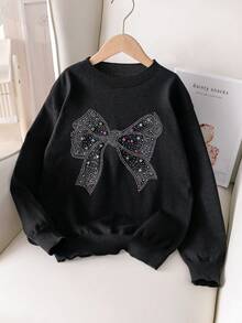Tween Girls' Elegant Studded Bow Knit Pullover Sweater, Suitable For Daily, Vacation, Spring, Autumn, Winter - Black - View 2