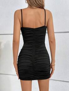 Sexy V-Neck Ruched Bodycon Cami Mini Dress, New For Spring/Summer - Black - View 4