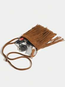 1pc Women's Vintage Tassel Bucket Bag, Reversible Tassel Crossbody Shoulder Bag - Brown - View 9