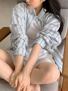 女士全新条纹衬衫休闲翻领长袖衬衫 - 藍色 - 查看 1