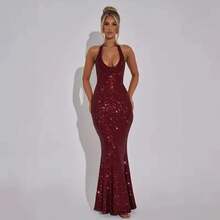 Avrilyaan Deep V Backless Sexy Party Dress Women Elegant Summer Dress Hot Diamond Nightclub Maxi Long Dresses Vestidos - 酒紅色 - 查看 1