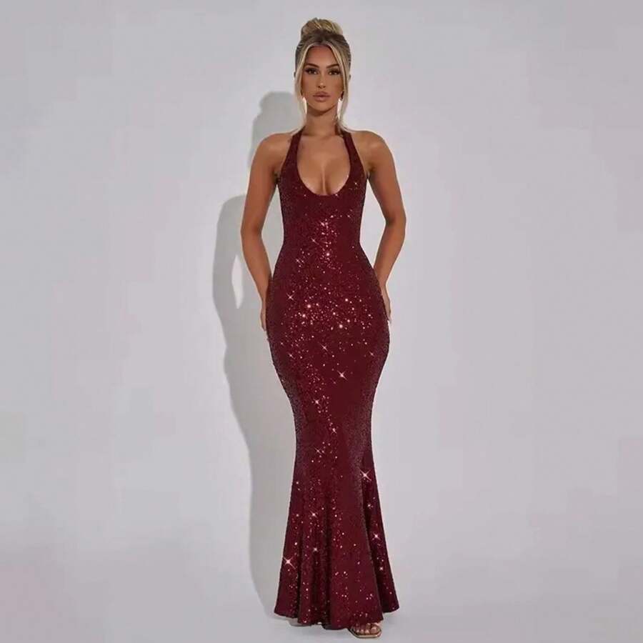 Avrilyaan Deep V Backless Sexy Party Dress Women Elegant Summer Dress Hot Diamond Nightclub Maxi Long Dresses Vestidos - 酒紅色 - 查看 1