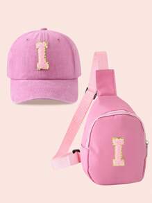 2pcs/Set Girls Pink Letter Graphic Baseball Cap And Bag, Boys Breathable Casual Outfit Suitable For Daily Wear And Outdoor Activities