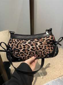 1个复古蝴蝶结装饰单肩腋下法棍包，适合约会、外出、派对，豹纹印花，新款秋冬虎纹印花女士手提包 - 黑色 - 查看 10