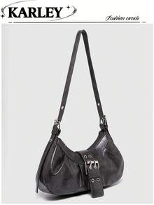 1pc Women's PU Leather Bag, Fashionable Pleated Edge, Retro Shoulder Underarm Bag, Y2K Chic Bag, Minimalist Solid Crescent Bag, Ladies Handbag - Grey - View 1