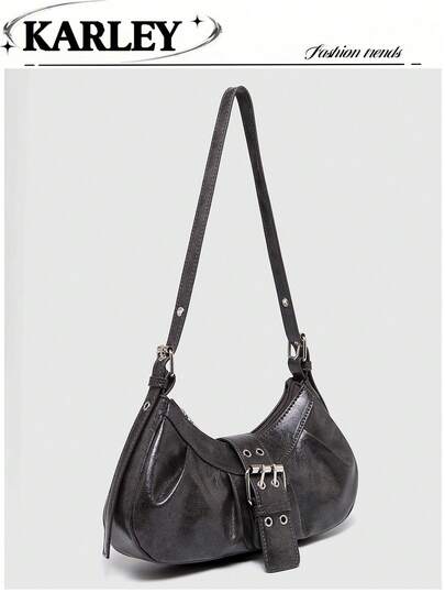 1个PU皮革女士手提包，时尚褶皱边，复古单肩腋下包，Y2K酷炫包，简约纯色新月包，女士钱包