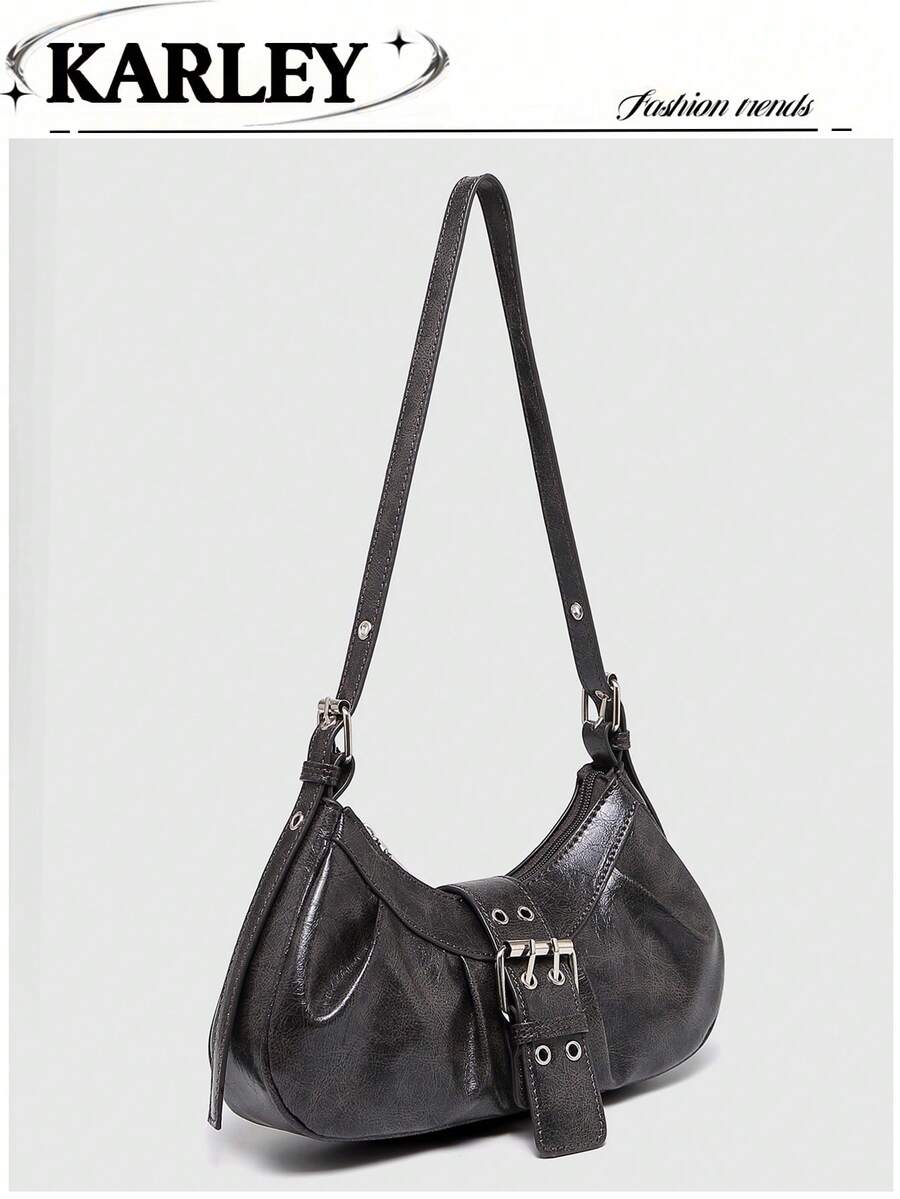 1pc Women's PU Leather Bag, Fashionable Pleated Edge, Retro Shoulder Underarm Bag, Y2K Chic Bag, Minimalist Solid Crescent Bag, Ladies Handbag - Grey - View 1