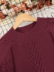 Plus Size Crew Neck Casual Long Sleeve Solid Color Knit Sweater - Burgundy - View 8