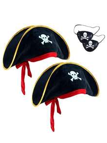 2pcs/Set Halloween Pirate Hat + Pirate Eye Mask - Skull Print Pirate Captain Costume Hat, Pirate Accessories, Party Hat, Masquerade, Cosplay Funny Captain Hat Valentines Gift - Multicolor - View 1