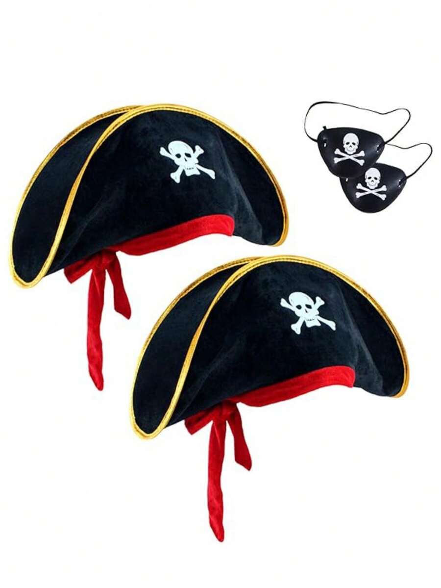 2pcs/Set Halloween Pirate Hat + Pirate Eye Mask - Skull Print Pirate Captain Costume Hat, Pirate Accessories, Party Hat, Masquerade, Cosplay Funny Captain Hat Valentines Gift - Multicolor - View 1