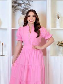 Midi Dress Luxury Elegant Sensory Cotton Short Sleeve - Màu Hồng baby - Xem 3