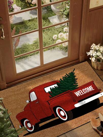 1pc Interesting Christmas Red Truck "Welcome" Pattern Doormat, Minimalist Christmas Tree Design Outdoor Rug, Non-Slip Washable Entrance Mat For Kitchen, Bathroom, Dining Room, Hallway, Suitable For Party, Gathering, New Year, All Seasons, Autumn Yard Decor, Autumn/Winter Home Decor, Room Decor, Party Supplies, Holiday Decoration Christmas Decorations  Christmas Decor  Wall Decor