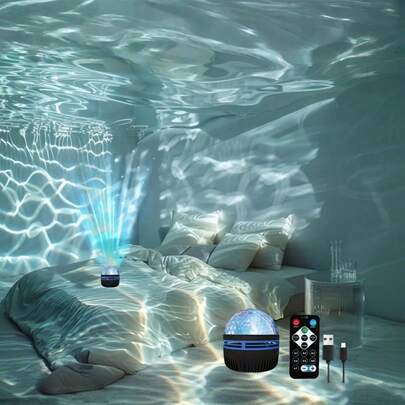  1. USB供电波浪投影灯，带RGB LED显示屏，星空投影氛围灯，遥控器，7种颜色模式，亮度可调，多色照明，适用于卧室、家庭影院、房间装饰、节日礼物、婚礼、露营等场合。