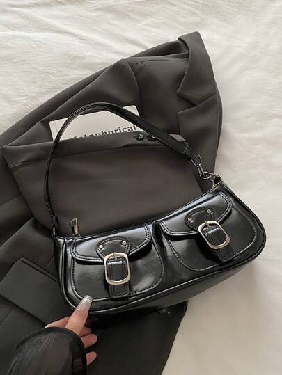 新款时尚双口袋装饰手提包托特包单肩包，适合聚会、郊游、度假、购物和日常使用，可存放硬币、手机，也适合作为白领、大学生和办公室职员的工作包，优雅的女士包