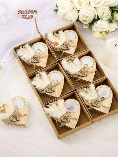 1set,6sets,12sets,Home Decor Scented Candle, Wooden Candle Holder, Bride Wedding Candle Holder, Vintage Wood Heart Candle Holder For Meditation, Hotel Or Wedding Decor, Modern Home Candle, Room Decor, Birthday Graduation Gift, DIY Rustic Countryside Tabletop Decor (Random Assortment Of Bunny Tail Grass And Baby's Breath)
