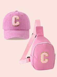 2pcs/Set Girls Pink Letter Graphic Baseball Cap And Bag, Boys Breathable Casual Outfit Suitable For Daily Wear And Outdoor Activities