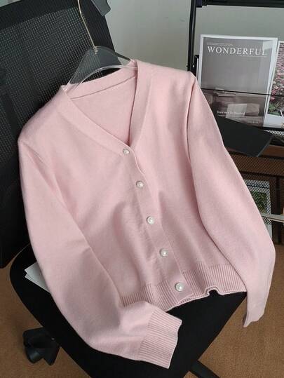 GIGOGOU Fashion V-Neck Women Autumn Winter Knit Sweater Cardigan Basic Long Sleeves Top Fall Clothes Pink,Chic,