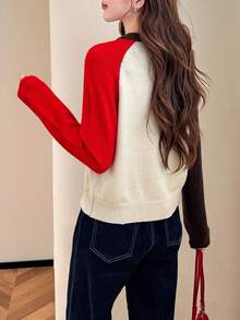Suéter de cuello redondo con bloque de color y patrón de letras estilo retro americano para mujer, otoño/invierno - Multicolor - Ver 2