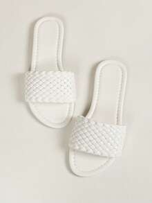 Dép nhựa đế bằng dệt đa năng màu đen thường ngày hở mũi mùa hè 2025 cho nữ - trắng - Xem 2