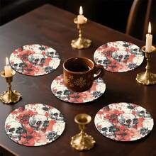 2pcs/4pcs/6pcs Halloween Skull Pattern Printed Silicone Placemats, Halloween Decor, Suitable For Dining Table, Coffee Bar, All Season Decoration, Washable Placemats, Room Decor, Coasters, Draining Mats, Kitchen Dining Table Mats, Indoor Outdoor Party Decor, Home Decor, Ideal Gift