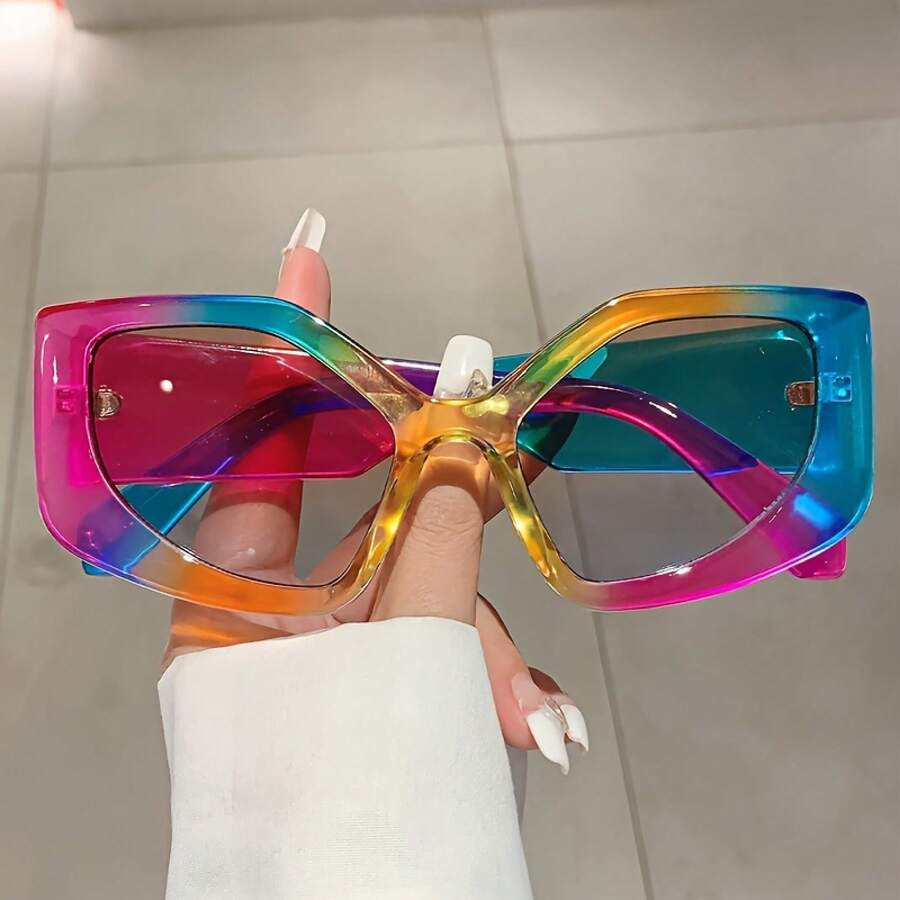1 Piece New Women's Polygonal Fashion Glasses Colorful Design Versatile Unisex Decorative Glasses - Đen và xám - Xem 1