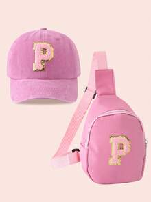 2pcs/Set Girls Pink Letter Graphic Baseball Cap And Bag, Boys Breathable Casual Outfit Suitable For Daily Wear And Outdoor Activities