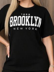 Conjunto de 2 Piezas Oversize Unicolor para Dama Mujer Amplio y Holgado de Blusa de Cuello Redondo Unicolor con estampado de Letras graficas de el estado de California con Manga Corta y Hombros Caídos Cómoda y Pantalón Oversize Holgado Unicolor Sin Bolsillos Moda Otoño Primavera y Verano Estilo Casual y Versatil para Todo Tipo de Ocasion - Negro - Ver 2