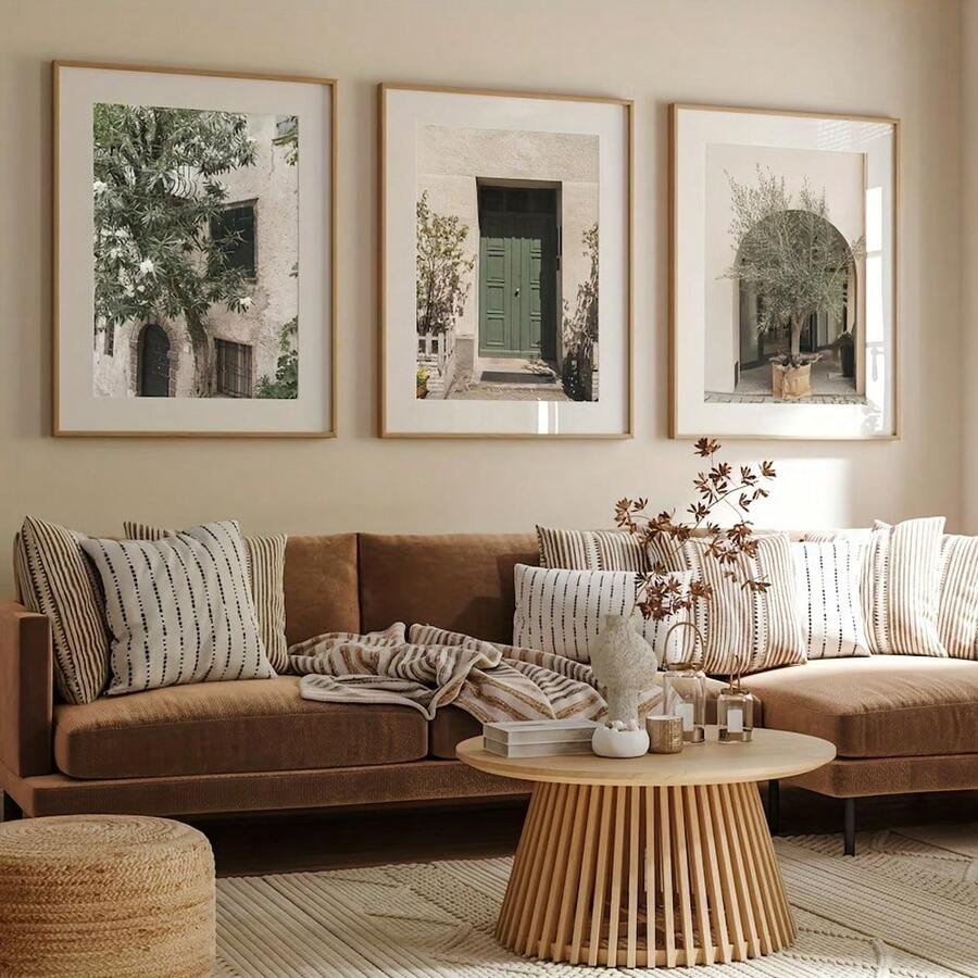 Juego de 3 impresiones en lienzo de paisaje urbano minimalista moderno de Italia - Arte de pared sin marco con olivo verde, perfecto para la decoración de la sala de estar, el dormitorio y la oficina en el hogar, 50 x 70 cm