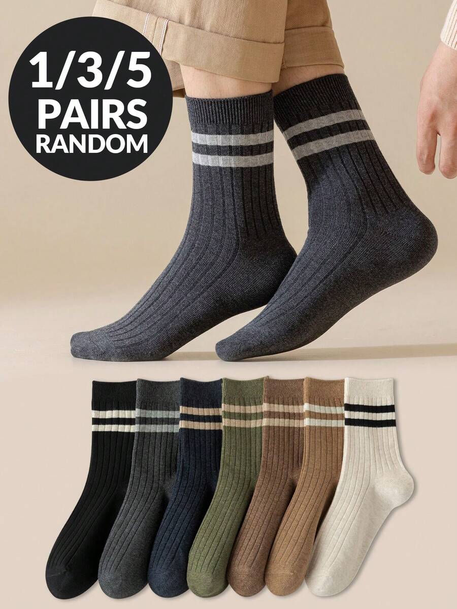 1/3/5 pares de calcetines deportivos a media pierna con rayas simples y cómodos para hombre, de estilo empresarial elegante, para todas las estaciones, otoño - Multicolor - Ver 1