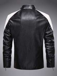 Motorcycle Style Leather Jacket For Men, Men's Stand Collar Zipper Jacket, High Quality PU Leather Material, Versatile Jacket For Spring And Autumn Fashion,Fleece,Winter - Black and White - View 7