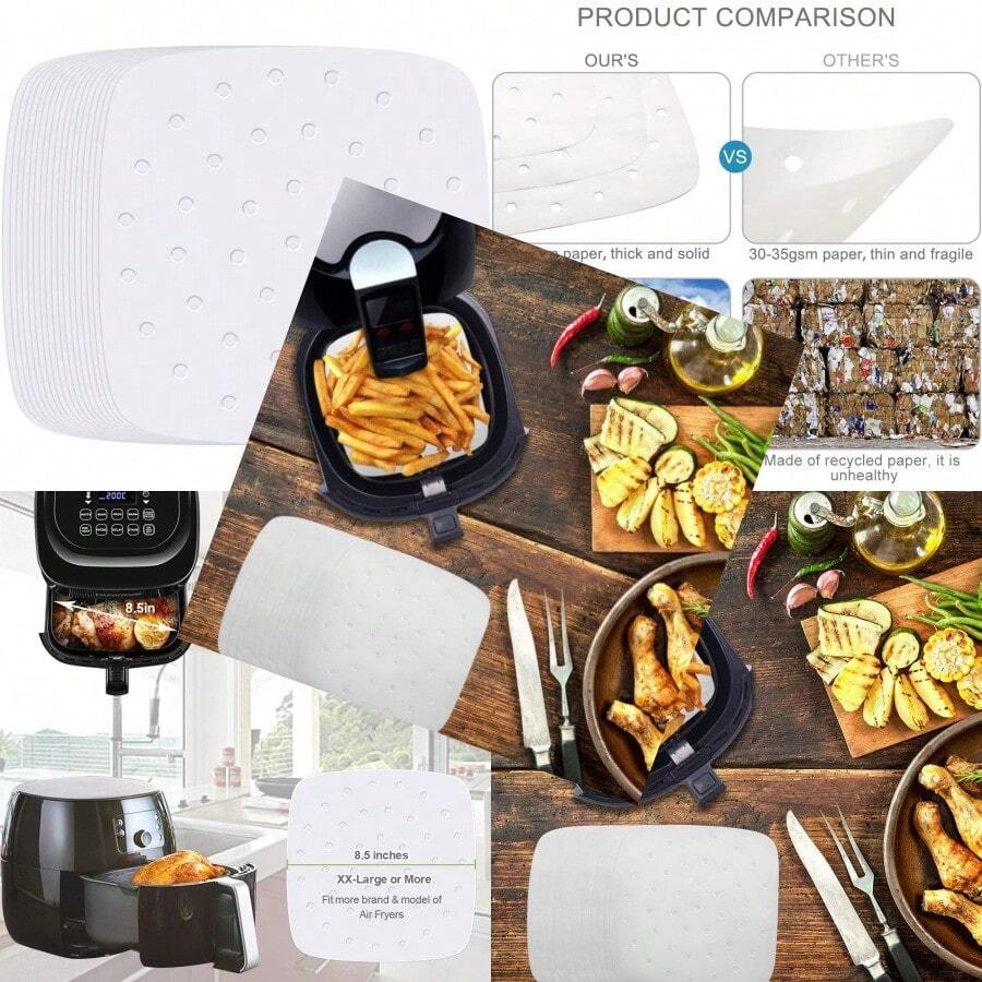 FL Air Fryer Liners 8.5 Inches 100pcs Premium Perforated Parchment Paper Compatible With Philips Cozyna Secura NuWave Brio Chefman GoWISE USA BLACK+DECKER COSORI And More Air Fryers FL