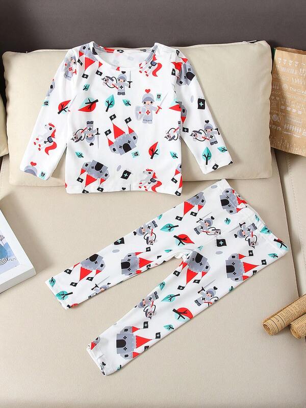 2pcs/Set Cartoon Print Crew Neck Long Sleeve Top And Pants Set For Toddler Boys