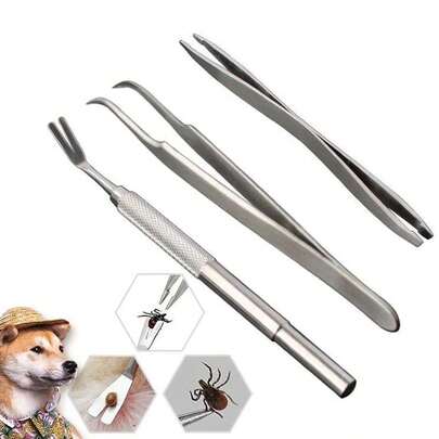 3pcs/Set Pet Tick & Flea Removal Tool Kit, Stainless Steel Tick Remover Tweezers, Flea Comb, Grooming Scissors