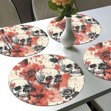 2pcs/4pcs/6pcs Halloween Skull Pattern Printed Silicone Placemats, Halloween Decor, Suitable For Dining Table, Coffee Bar, All Season Decoration, Washable Placemats, Room Decor, Coasters, Draining Mats, Kitchen Dining Table Mats, Indoor Outdoor Party Decor, Home Decor, Ideal Gift
