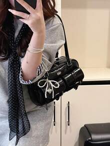 Classic Solid Color PU Waterproof Fabric, Letter Pattern Design, Zipper Closure, Pearl Pendant Decor, Fashionable Shoulder Bag - Black - View 8